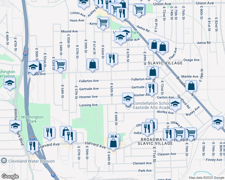 map of restaurants, bars, coffee shops, grocery stores, and more near 6500 Gertrude Avenue in Cleveland