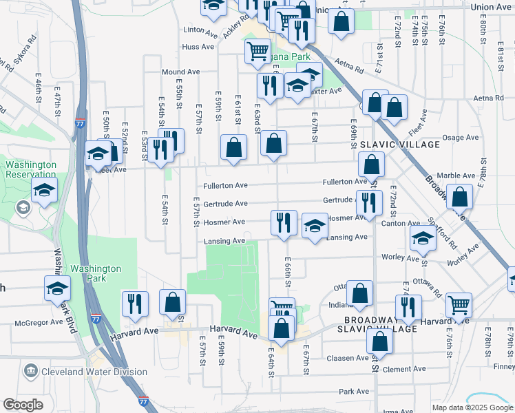 map of restaurants, bars, coffee shops, grocery stores, and more near 6210 Gertrude Avenue in Cleveland
