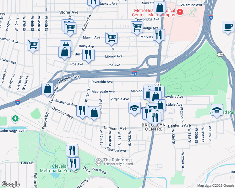 map of restaurants, bars, coffee shops, grocery stores, and more near 3415 Mapledale Avenue in Cleveland