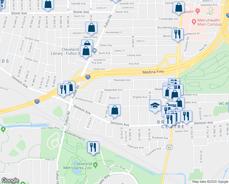 map of restaurants, bars, coffee shops, grocery stores, and more near 3710 West 37th Street in Cleveland