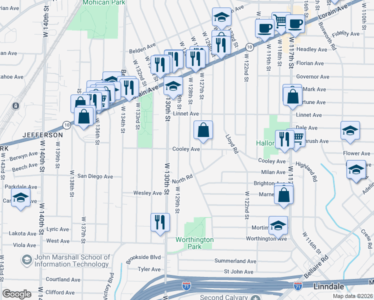 map of restaurants, bars, coffee shops, grocery stores, and more near 3623 West 129th Street in Cleveland