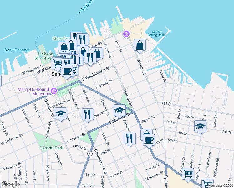map of restaurants, bars, coffee shops, grocery stores, and more near 416 East Jefferson Street in Sandusky