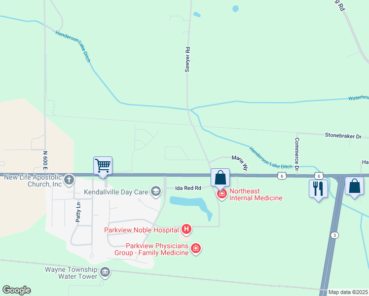 map of restaurants, bars, coffee shops, grocery stores, and more near 1815 Raleigh Avenue in Kendallville