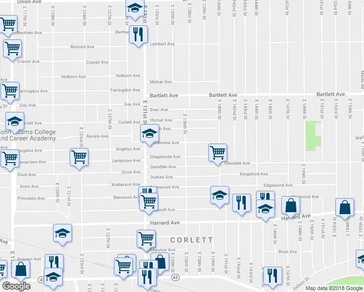 map of restaurants, bars, coffee shops, grocery stores, and more near 13508 Southview Avenue in Cleveland