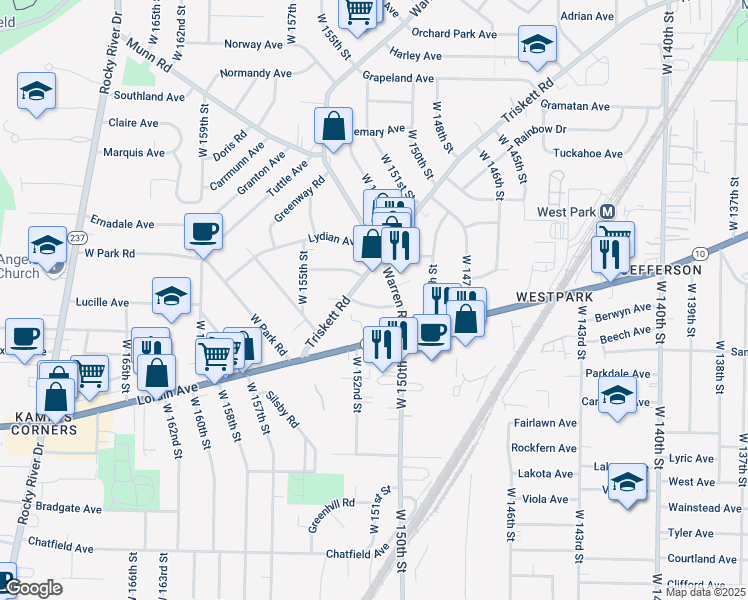 map of restaurants, bars, coffee shops, grocery stores, and more near 15026 Merrimeade Drive in Cleveland