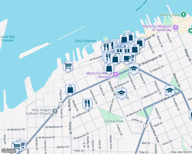 map of restaurants, bars, coffee shops, grocery stores, and more near 211 Fulton Street in Sandusky