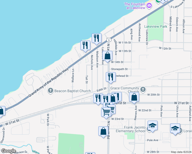 map of restaurants, bars, coffee shops, grocery stores, and more near 1720 Madison Avenue in Lorain