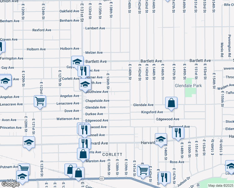 map of restaurants, bars, coffee shops, grocery stores, and more near 13710 Southview Avenue in Cleveland