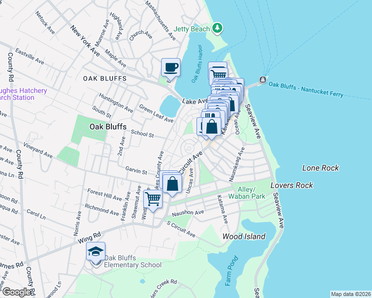 map of restaurants, bars, coffee shops, grocery stores, and more near in Oak Bluffs