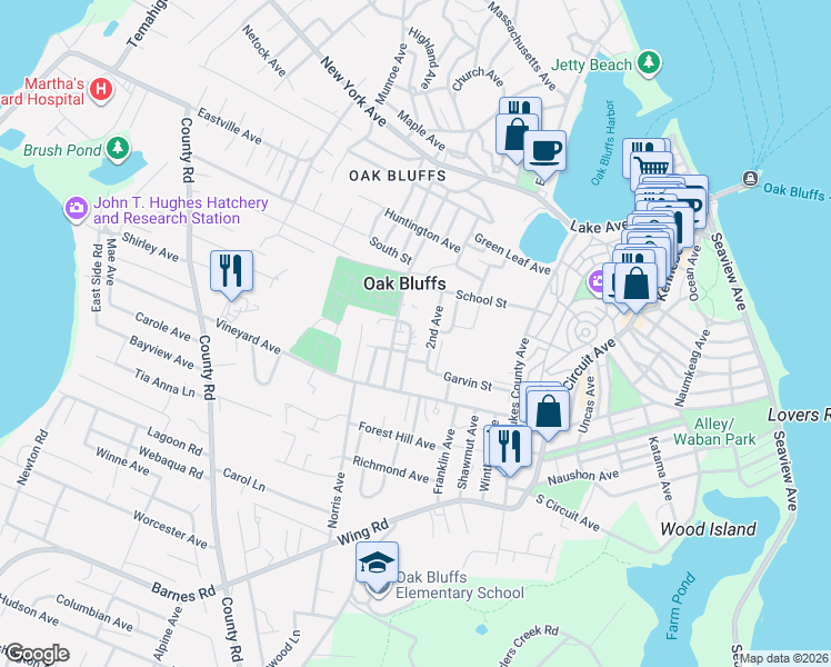 map of restaurants, bars, coffee shops, grocery stores, and more near 25 Perkins Avenue in Oak Bluffs
