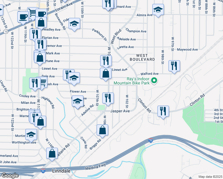 map of restaurants, bars, coffee shops, grocery stores, and more near 3606 West 104th Street in Cleveland
