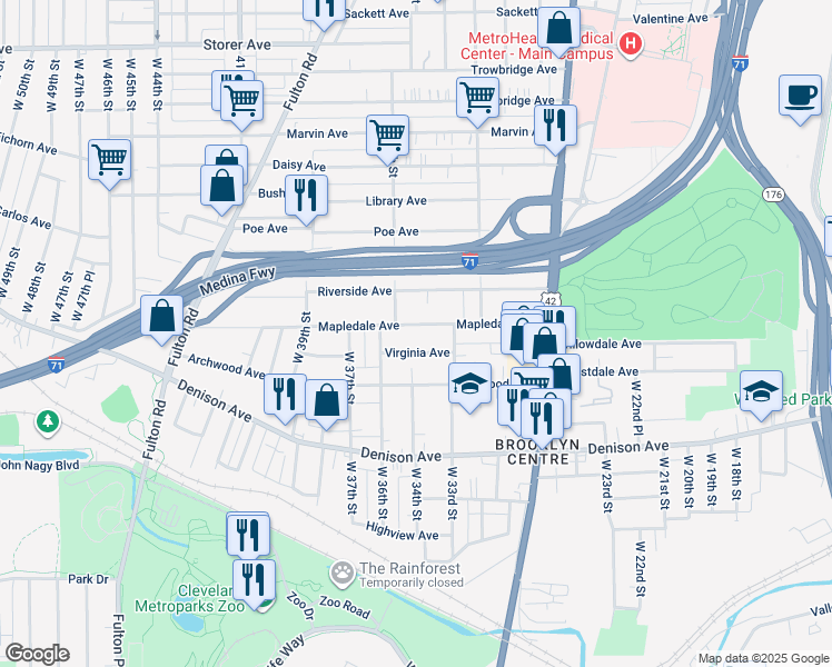 map of restaurants, bars, coffee shops, grocery stores, and more near 3415 Mapledale Avenue in Cleveland
