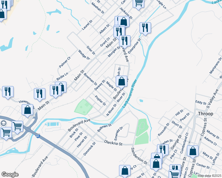 map of restaurants, bars, coffee shops, grocery stores, and more near 219 Maple Street in Dickson City