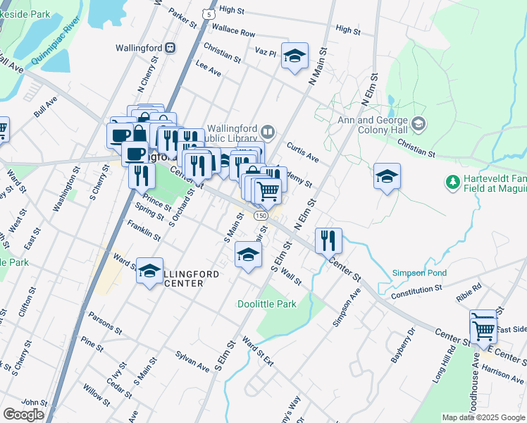 map of restaurants, bars, coffee shops, grocery stores, and more near 350 Center Street in Wallingford