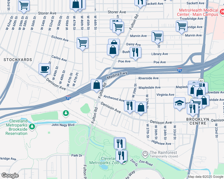 map of restaurants, bars, coffee shops, grocery stores, and more near 4235 Mapledale Avenue in Cleveland