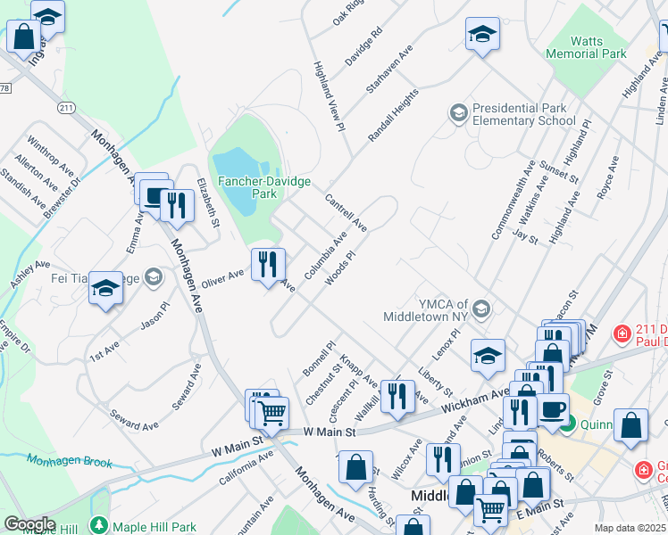 map of restaurants, bars, coffee shops, grocery stores, and more near 17 Woods Place in Middletown