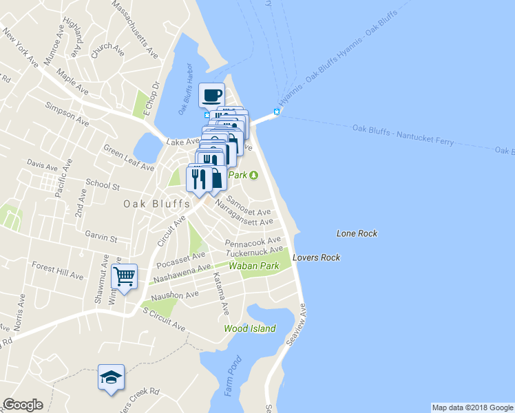 map of restaurants, bars, coffee shops, grocery stores, and more near 89 Ocean Avenue in Edgartown