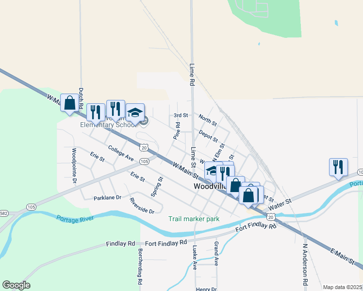 map of restaurants, bars, coffee shops, grocery stores, and more near 612 W 1st St in Woodville