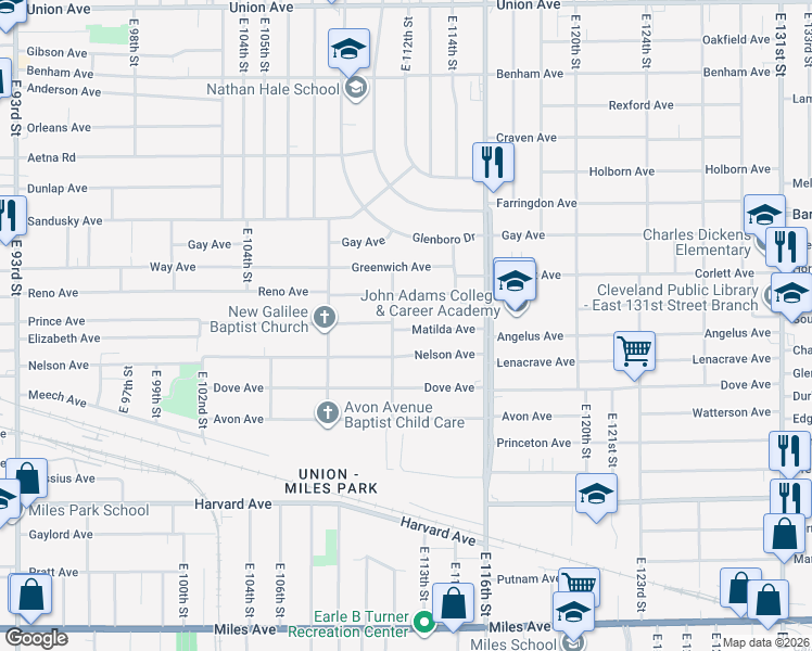 map of restaurants, bars, coffee shops, grocery stores, and more near 11209 Matilda Avenue in Cleveland