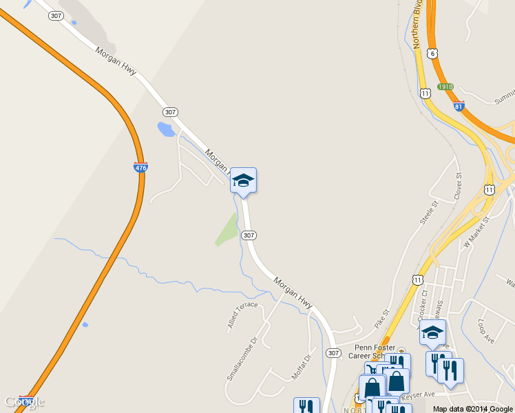 map of restaurants, bars, coffee shops, grocery stores, and more near 530 Morgan Highway in Scranton