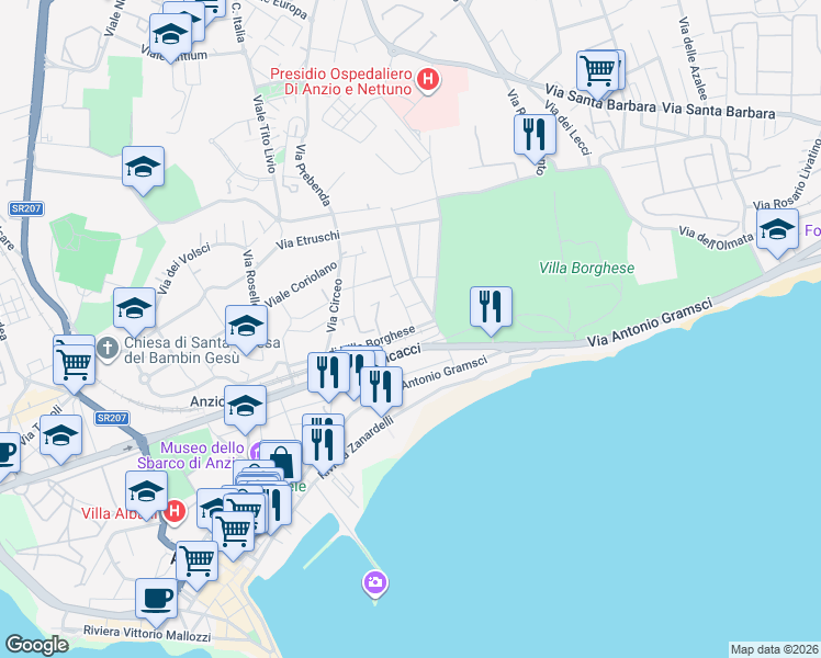 map of restaurants, bars, coffee shops, grocery stores, and more near 12 Via di Villa Borghese in Anzio