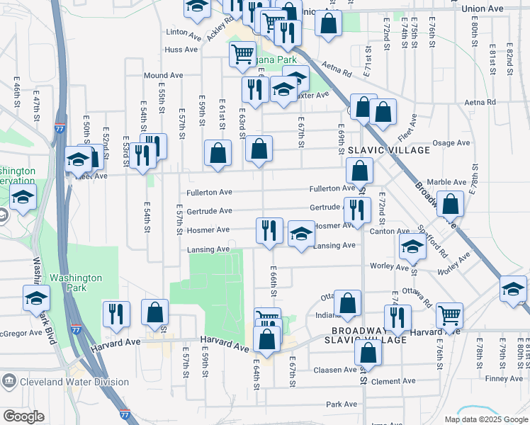 map of restaurants, bars, coffee shops, grocery stores, and more near 6500 Gertrude Avenue in Cleveland