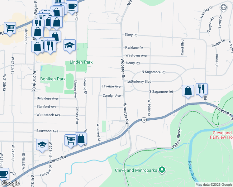 map of restaurants, bars, coffee shops, grocery stores, and more near 19982 Carolyn Avenue in Rocky River