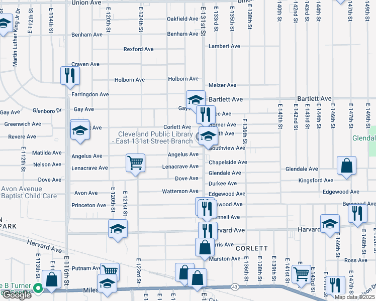map of restaurants, bars, coffee shops, grocery stores, and more near 12905 Angelus Avenue in Cleveland