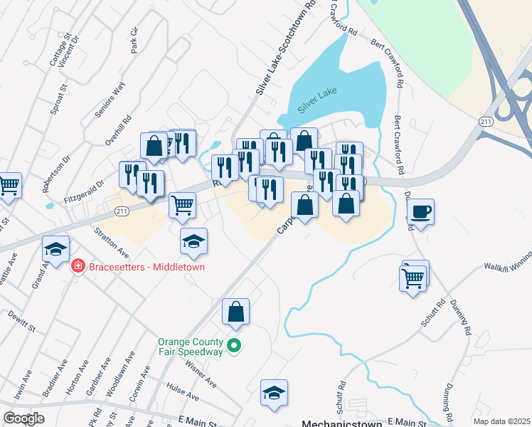map of restaurants, bars, coffee shops, grocery stores, and more near 360 Route 211 in Middletown