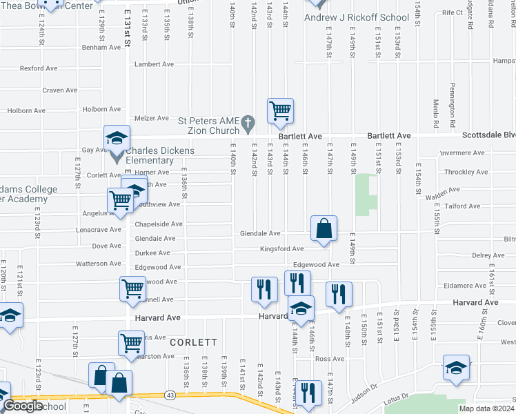 map of restaurants, bars, coffee shops, grocery stores, and more near 3867 East 142nd Street in Cleveland