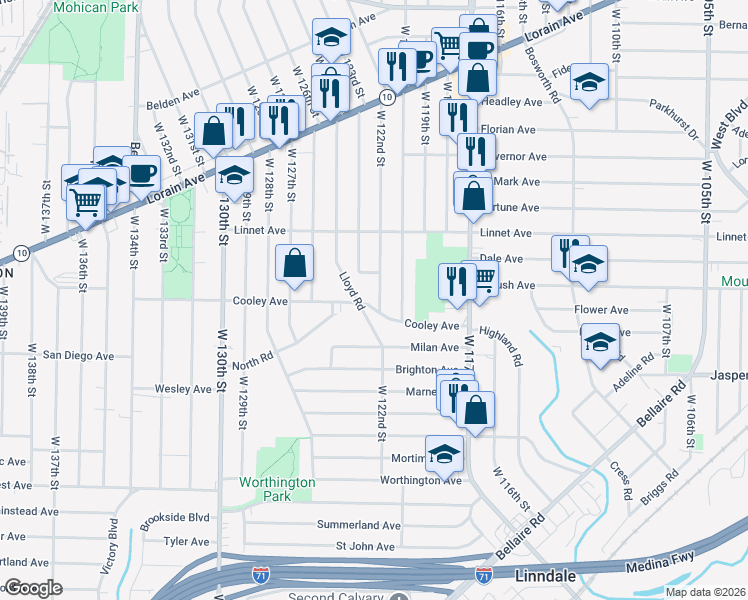 map of restaurants, bars, coffee shops, grocery stores, and more near 3639 West 122nd Street in Cleveland