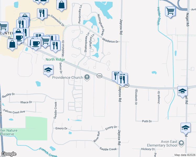 map of restaurants, bars, coffee shops, grocery stores, and more near 35201 Detroit Road in Avon