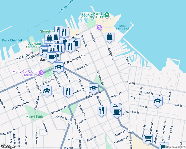 map of restaurants, bars, coffee shops, grocery stores, and more near 416 East Jefferson Street in Sandusky