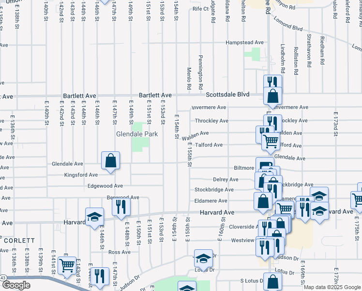 map of restaurants, bars, coffee shops, grocery stores, and more near 3871 East 154th Street in Cleveland