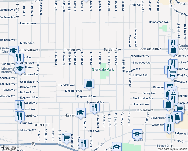 map of restaurants, bars, coffee shops, grocery stores, and more near 3874 East 149th Street in Cleveland