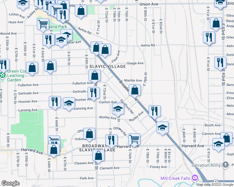map of restaurants, bars, coffee shops, grocery stores, and more near 7604 Spafford Road in Cleveland