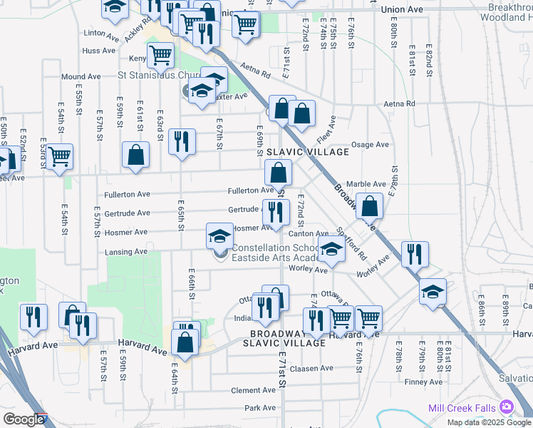map of restaurants, bars, coffee shops, grocery stores, and more near 6916 Gertrude Avenue in Cleveland