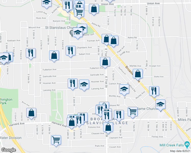 map of restaurants, bars, coffee shops, grocery stores, and more near 6916 Gertrude Avenue in Cleveland