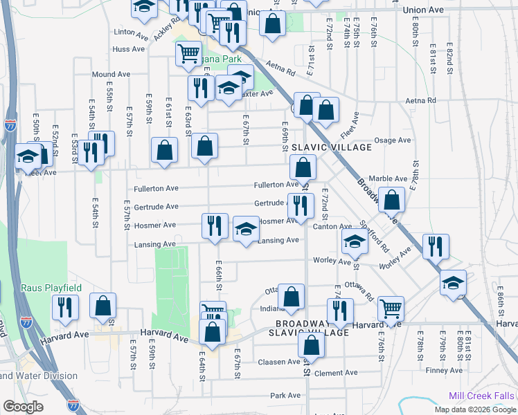 map of restaurants, bars, coffee shops, grocery stores, and more near 6724 Gertrude Avenue in Cleveland