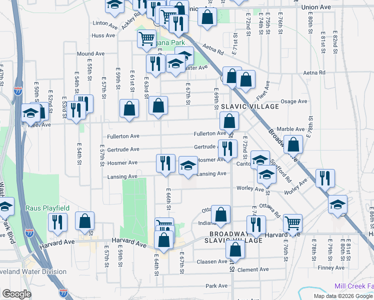 map of restaurants, bars, coffee shops, grocery stores, and more near 6724 Gertrude Avenue in Cleveland