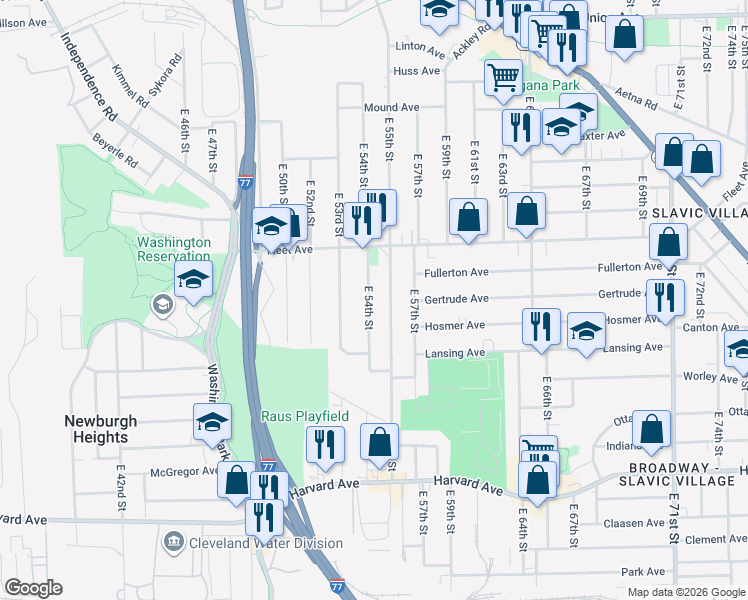 map of restaurants, bars, coffee shops, grocery stores, and more near 3826 East 55th Street in Cleveland