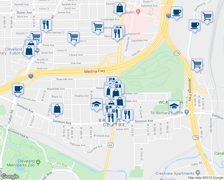 map of restaurants, bars, coffee shops, grocery stores, and more near 3718 Pearl Road in Cleveland