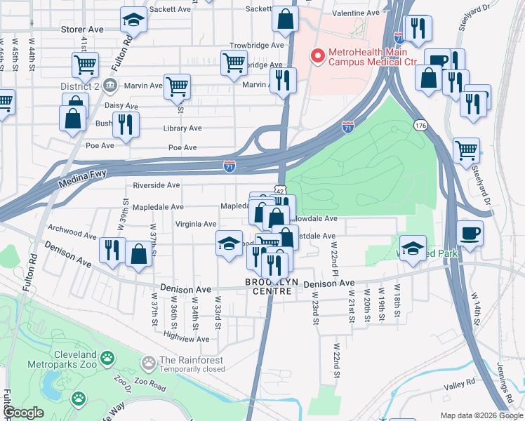 map of restaurants, bars, coffee shops, grocery stores, and more near 3718 Pearl Road in Cleveland