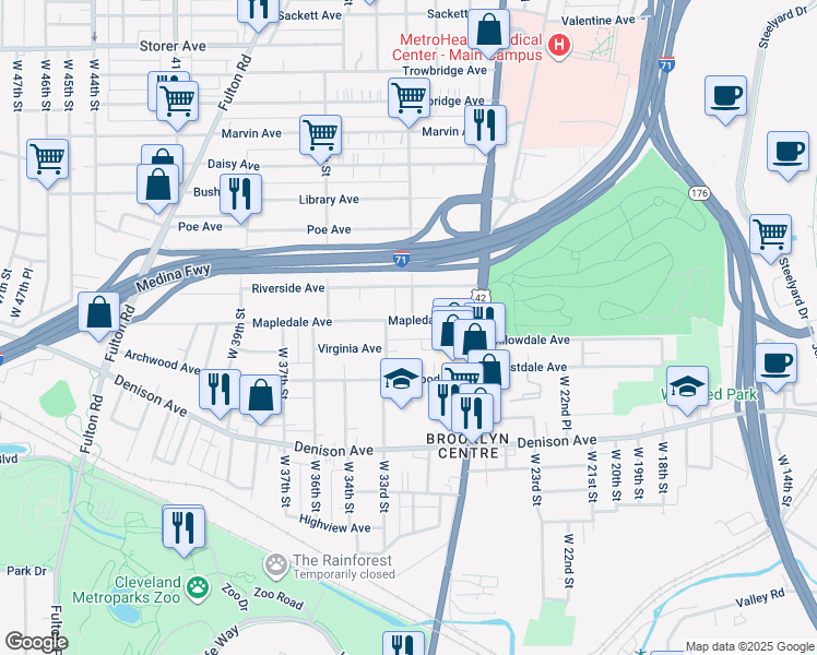 map of restaurants, bars, coffee shops, grocery stores, and more near 3118 Chestnutdale Avenue in Cleveland
