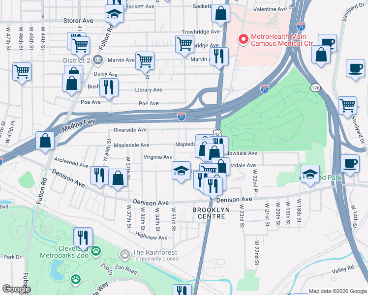 map of restaurants, bars, coffee shops, grocery stores, and more near 3118 Chestnutdale Avenue in Cleveland