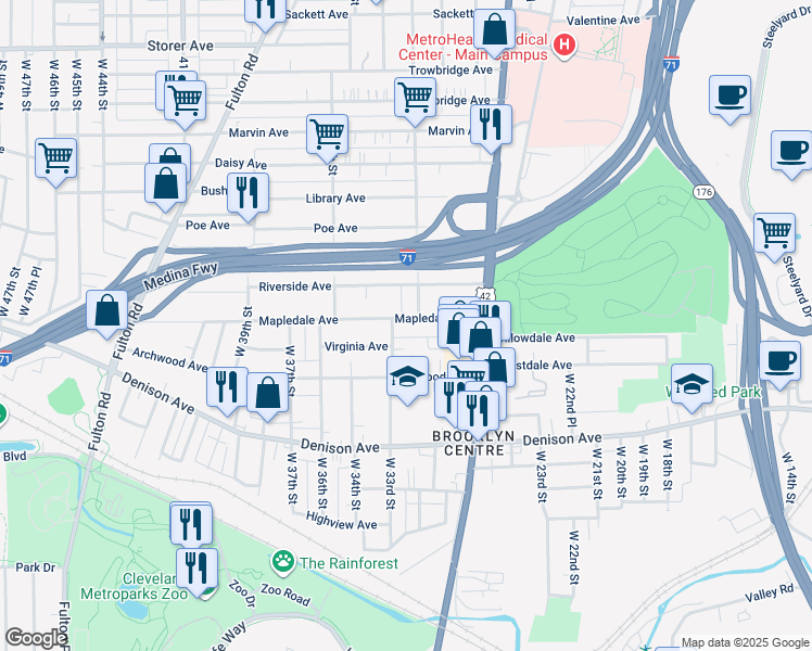map of restaurants, bars, coffee shops, grocery stores, and more near 3714 West 33rd Street in Cleveland