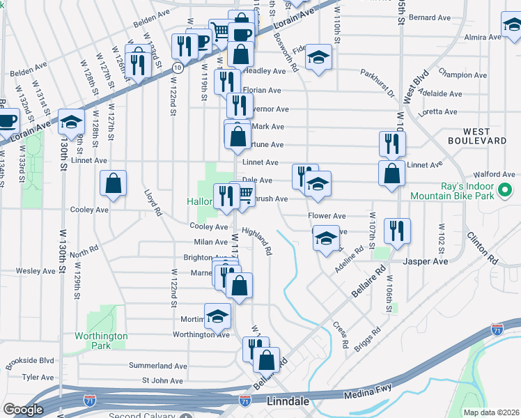 map of restaurants, bars, coffee shops, grocery stores, and more near 3645 West 117th Street in Cleveland