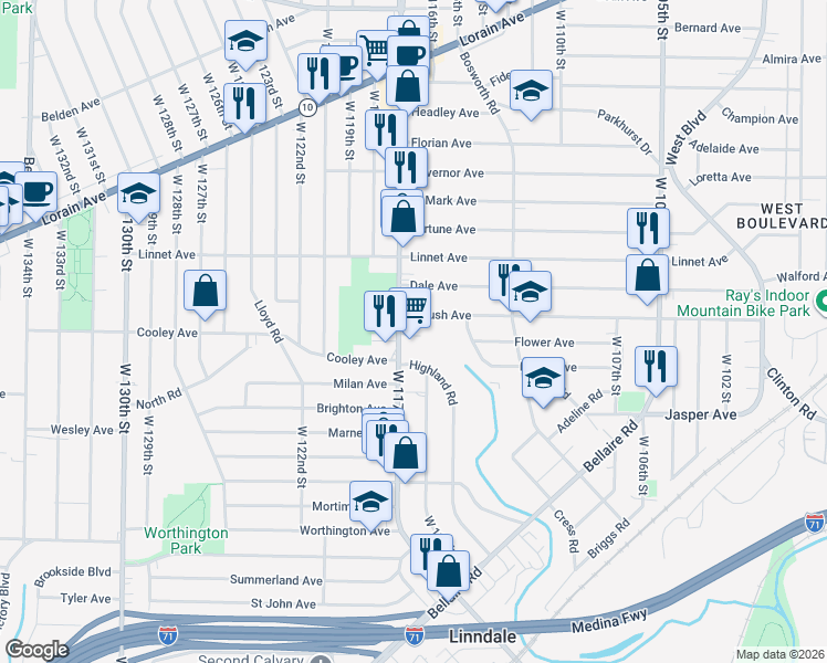 map of restaurants, bars, coffee shops, grocery stores, and more near 3645 West 117th Street in Cleveland