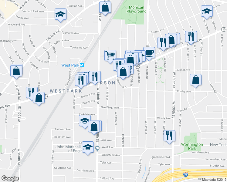 map of restaurants, bars, coffee shops, grocery stores, and more near 3661 West 138th Street in Cleveland