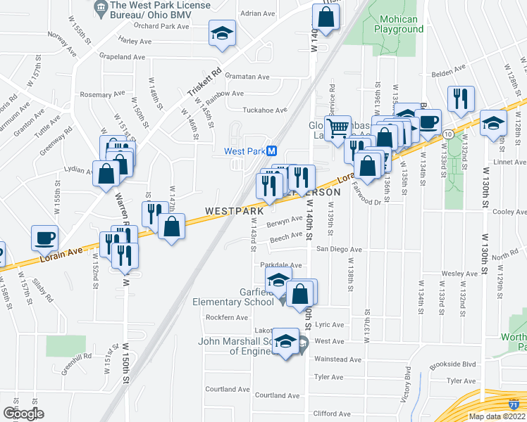 map of restaurants, bars, coffee shops, grocery stores, and more near 14222 Lorain Avenue in Cleveland